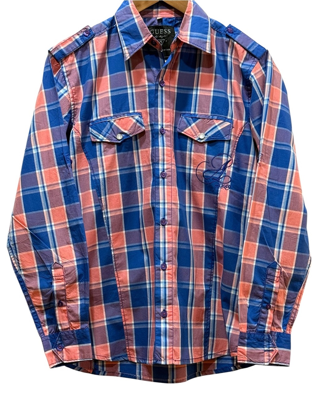 GUESS Los Angeles Plaid Western Shirt Pink Blue Y2K Cowgirl Boho Americana M